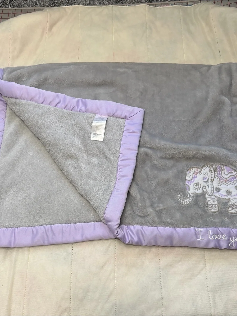Wendy Bellissimo Gray Plush Baby Blanket with Lavender Satin Edge